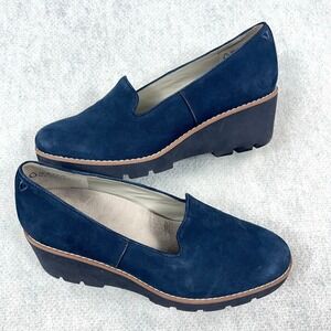 Vionic Navy Suede Wedge Loafers with Tan Trim